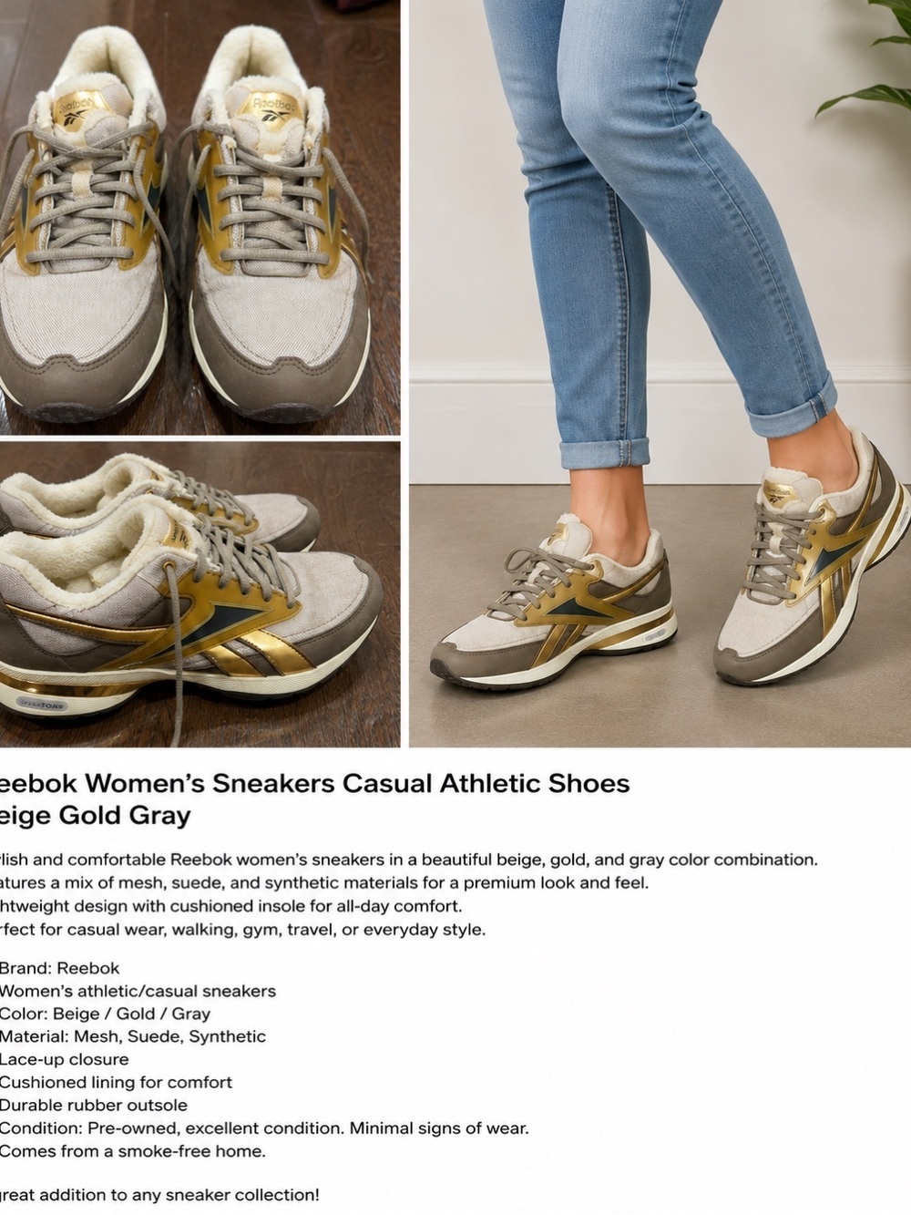 Reebok Women’s Beige, Gold & Gray Casual Sneakers